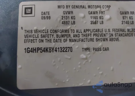 2000 Buick Lesabre Custom from USA, damaged, VIN 1G4HP54K8Y4132270